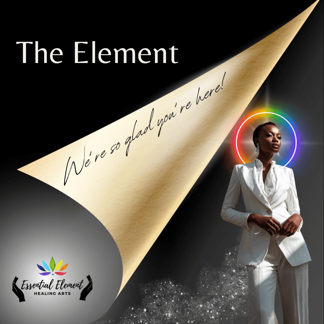 Woman in white suit with rainbow-colored halo, standing with hands clasped, against black background with gold paper and text.