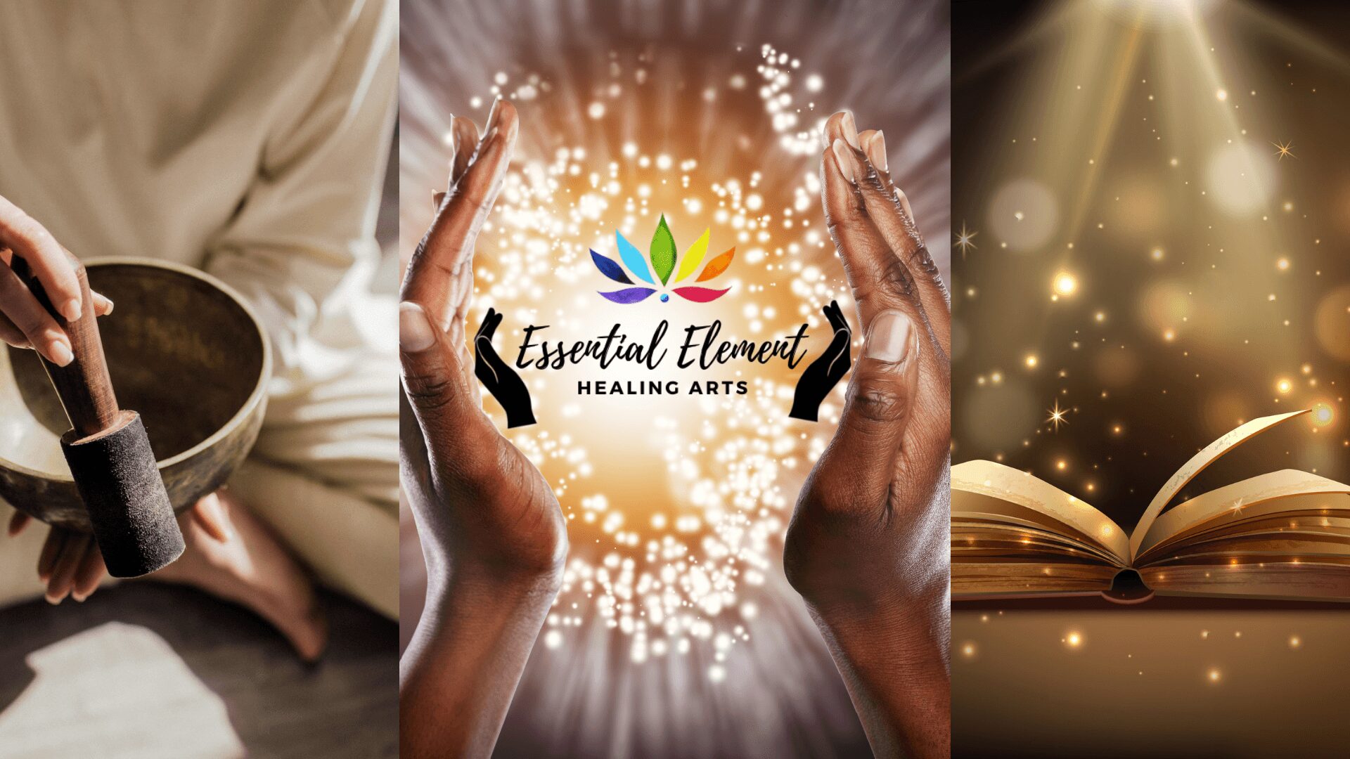 Three images: person holding a bowl, hands with glowing sparkles, open book with glowing light effects.