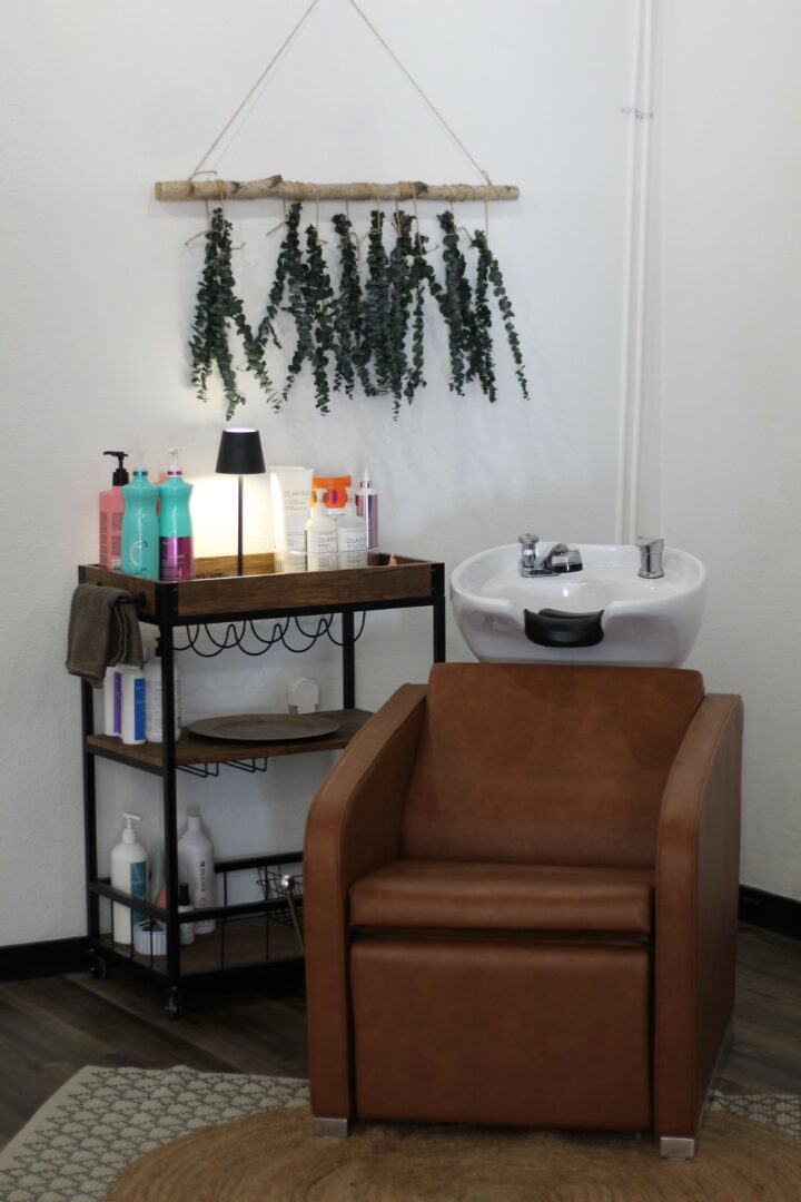 Salon with a brown armchair, a black metal cart with hair products, and a wall-mounted sink, with hanging greenery decor.