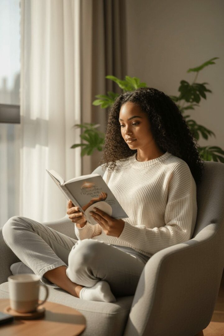 Woman sitting in armchair reading a book near window with curtains, indoor plants in background.
