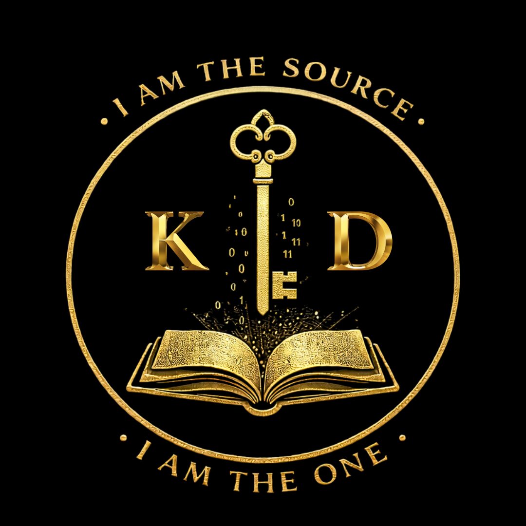 Open book with a key above, surrounded by text 'I AM THE SOURCE' and 'I AM THE ONE', gold and black design.