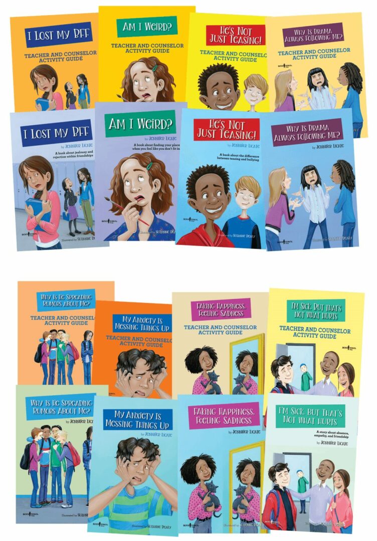Collection of colorful educational cards with diverse children and teachers, featuring titles about feelings, words, and classroom activities.