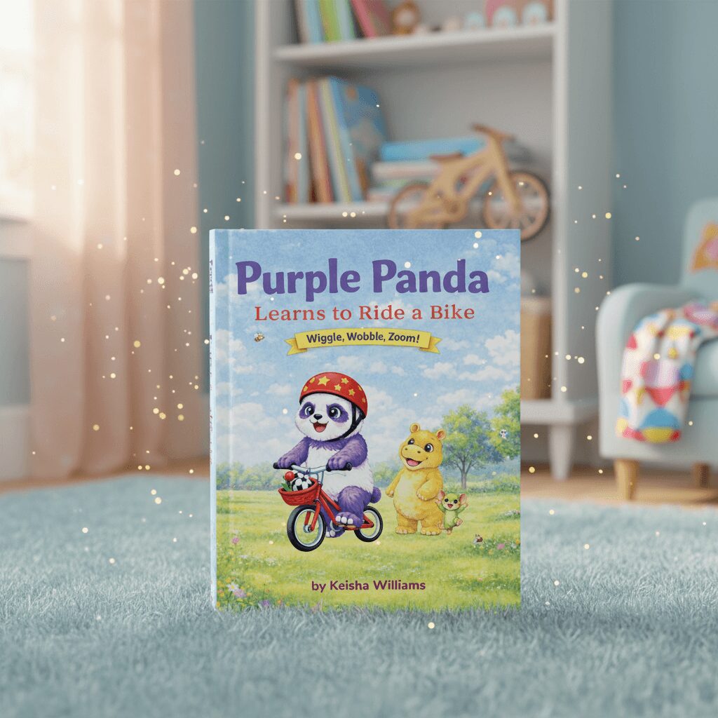 Children's book titled 'Purple Panda Learns to Ride a Bike' with panda and yellow dog on cover, in a child's room.