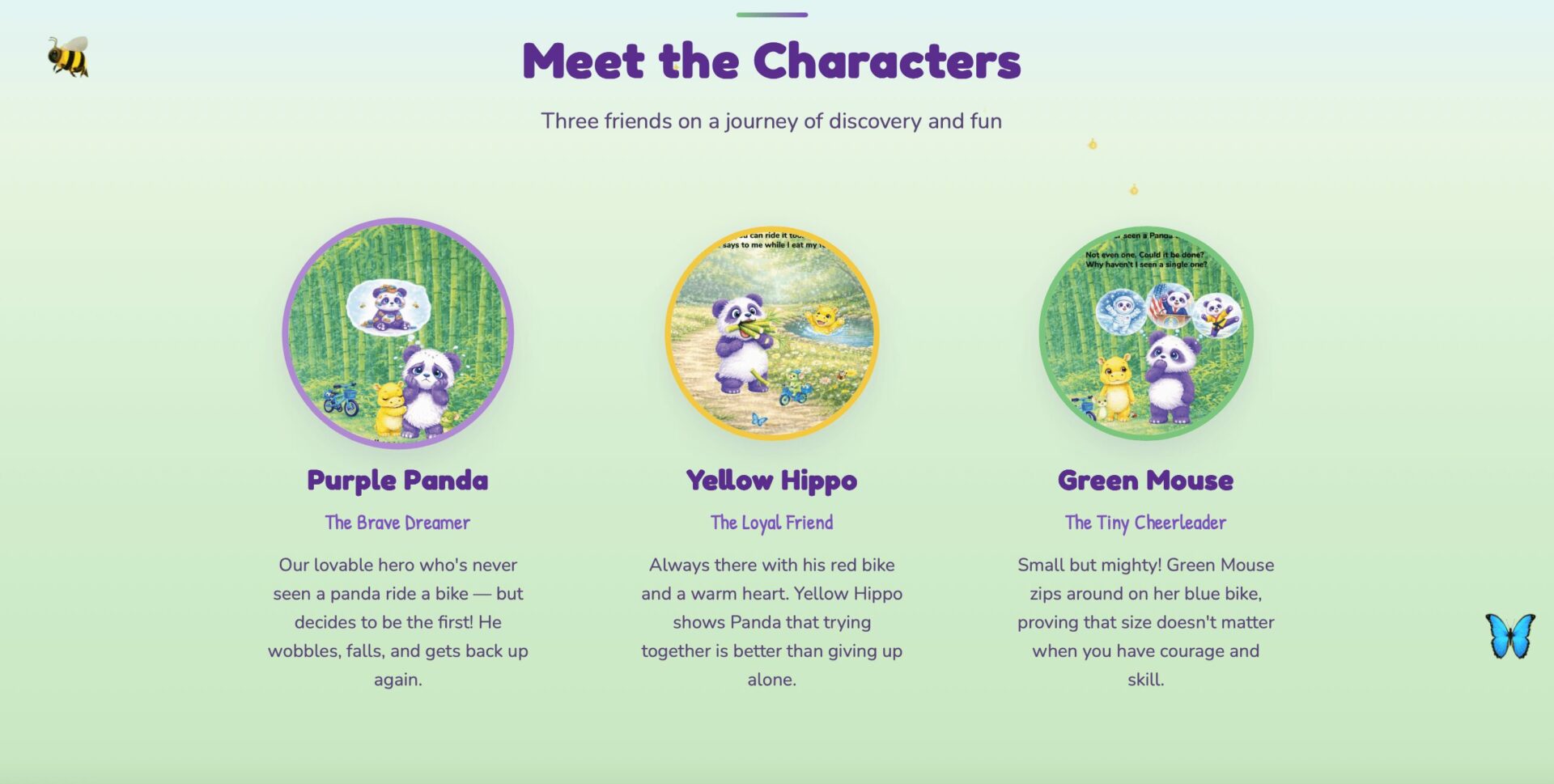 Three cartoon characters: purple panda, yellow hippo, green mouse, with colorful backgrounds and text labels.