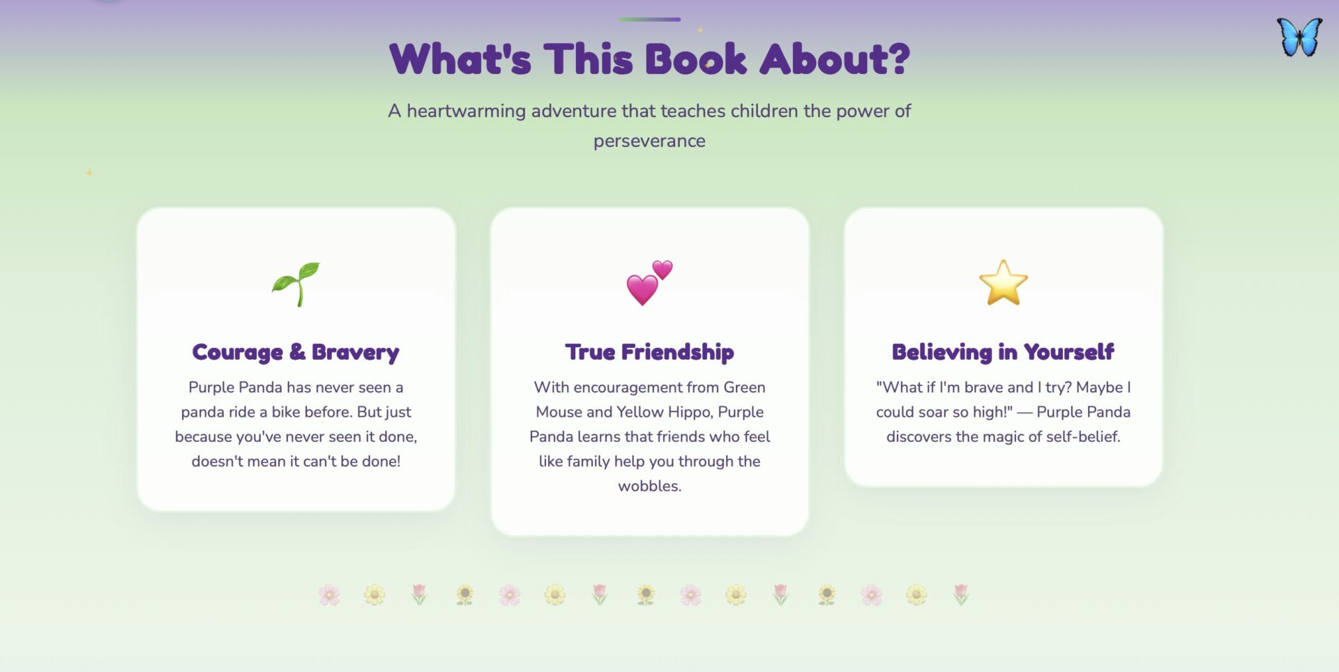 Colorful webpage with title 'What's This Book About?' and three sections with icons and text about courage, friendship, and believing.