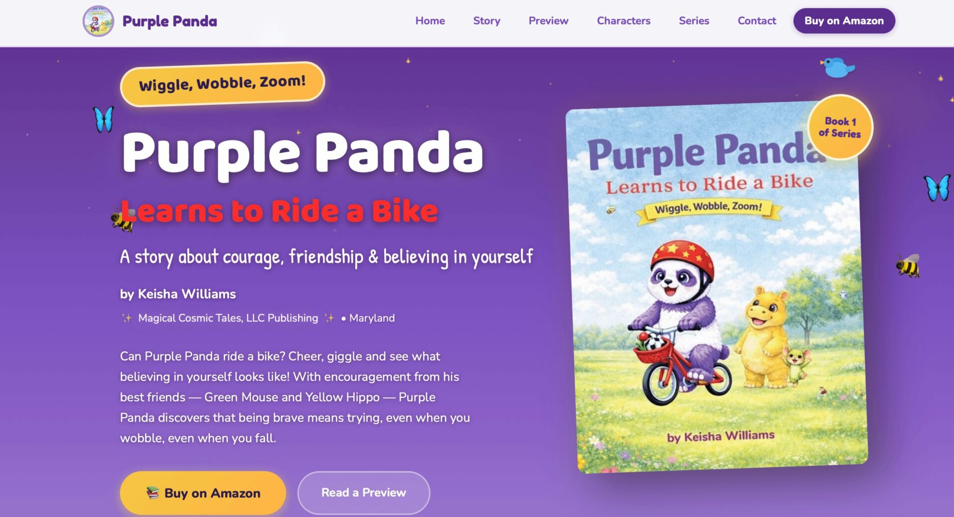 Book cover titled 'Purple Panda learns to ride a bike' with a panda and a dog on a bicycle in a grassy field.