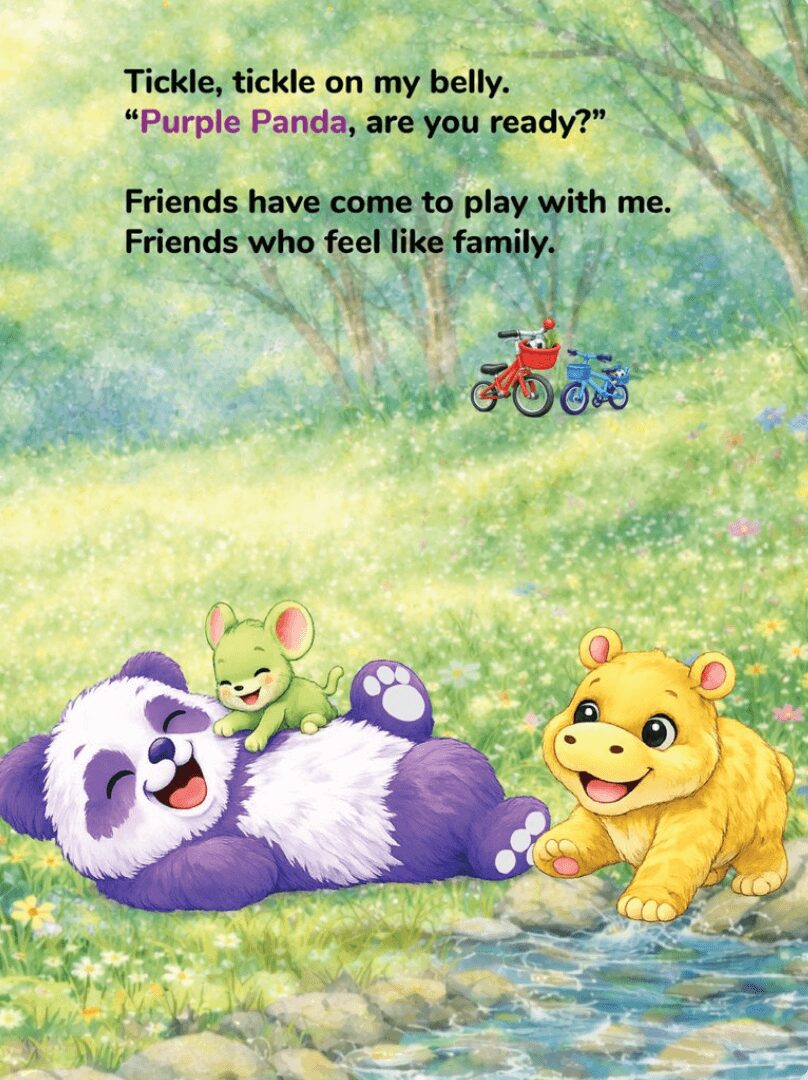Two cartoon animals, a panda and a lion cub, lying on grass near water with trees in background.