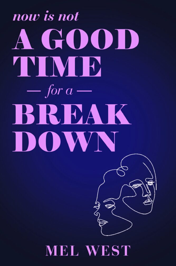 Text quote about taking a break, with a line drawing of a face, on a dark background.