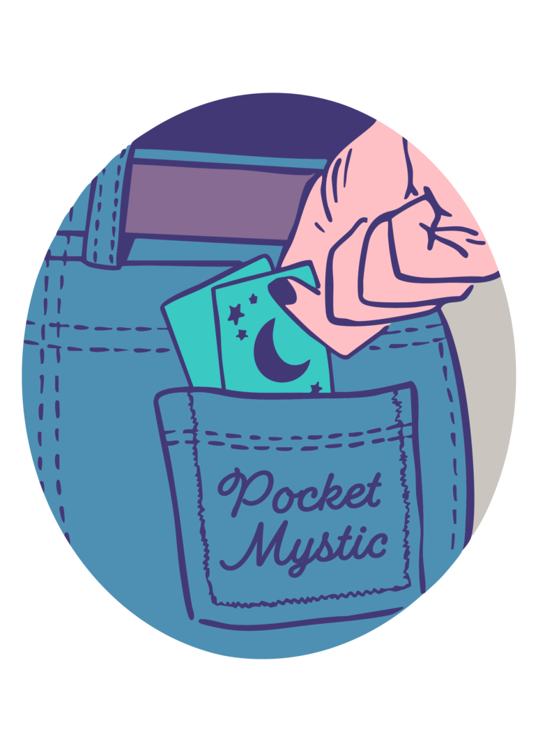 Person's hand placing a card into a pocket labeled 'Pocket Mystic'.