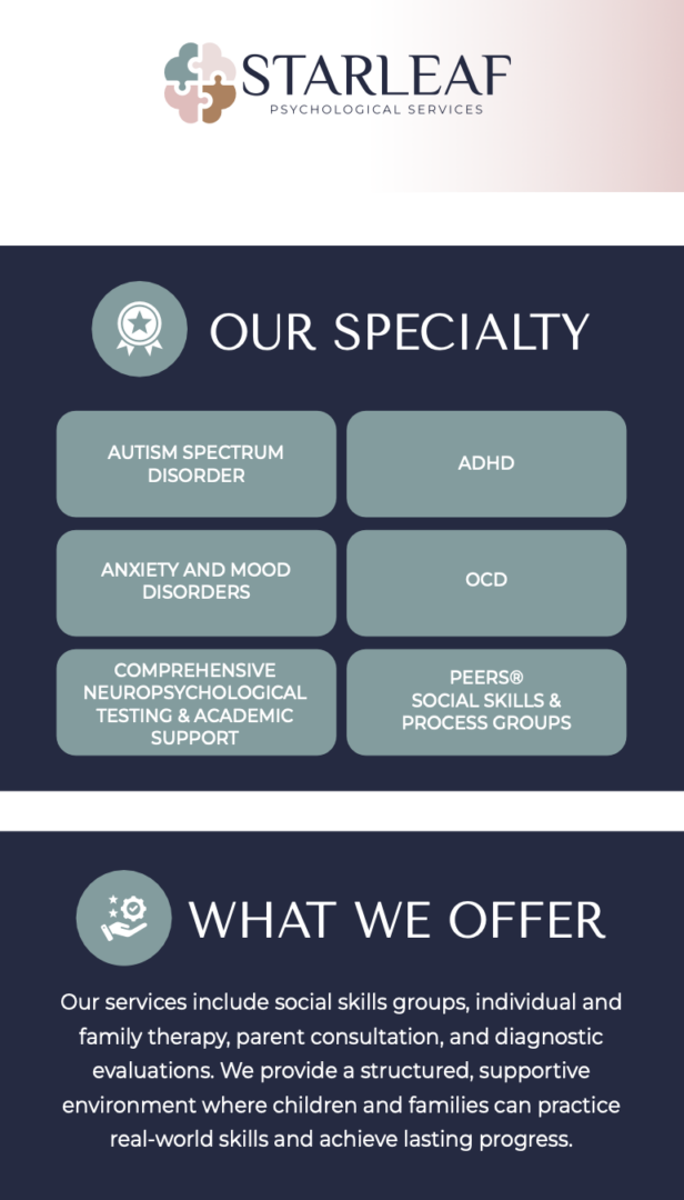 Starleaf logo and text about specialties and services offered, including autism, ADHD, OCD, and support groups.