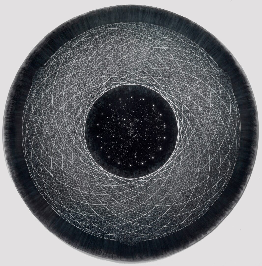 Circular artwork with a starry center, surrounded by intricate white geometric lines on a dark background.
