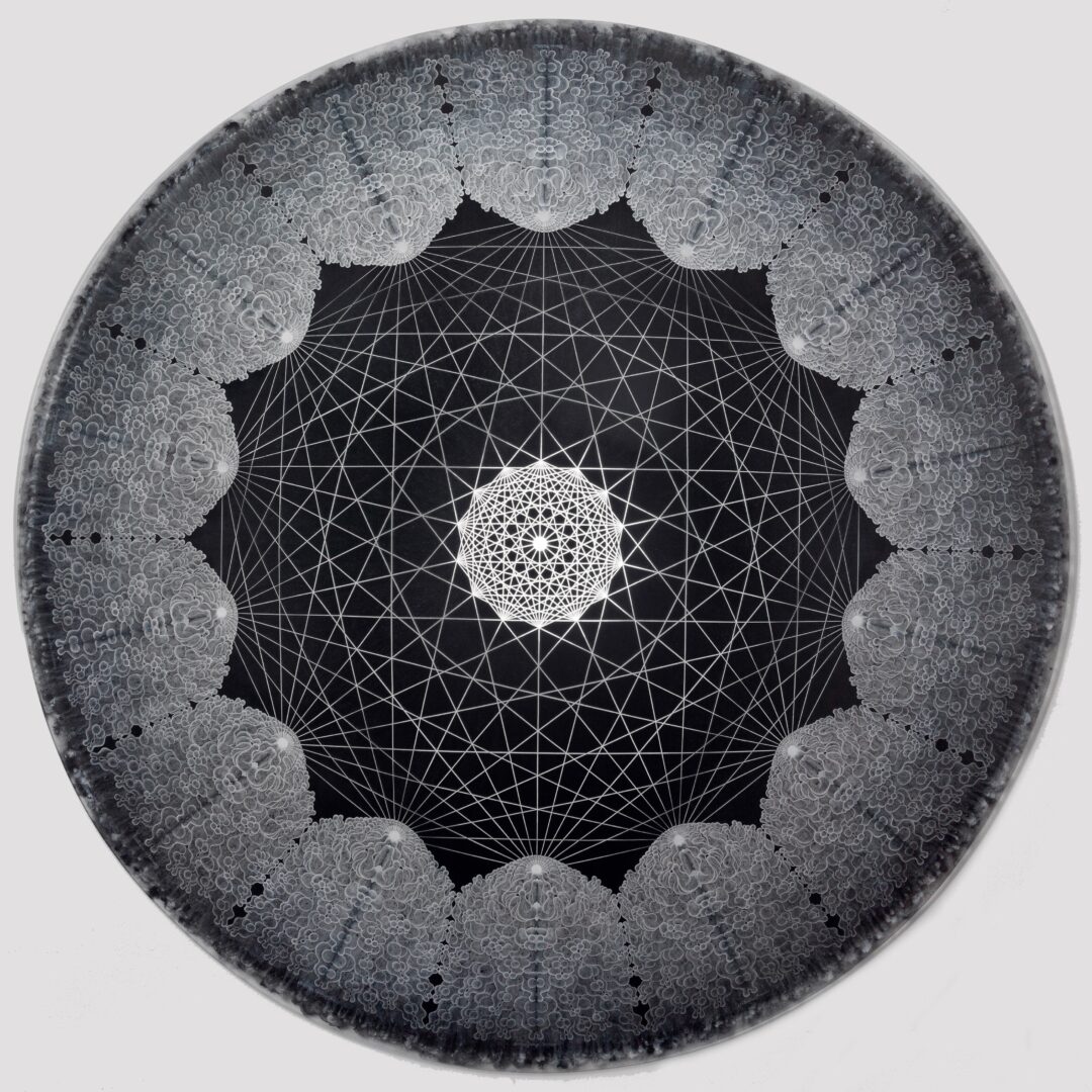 Circular design with geometric web pattern inside a textured gray border.