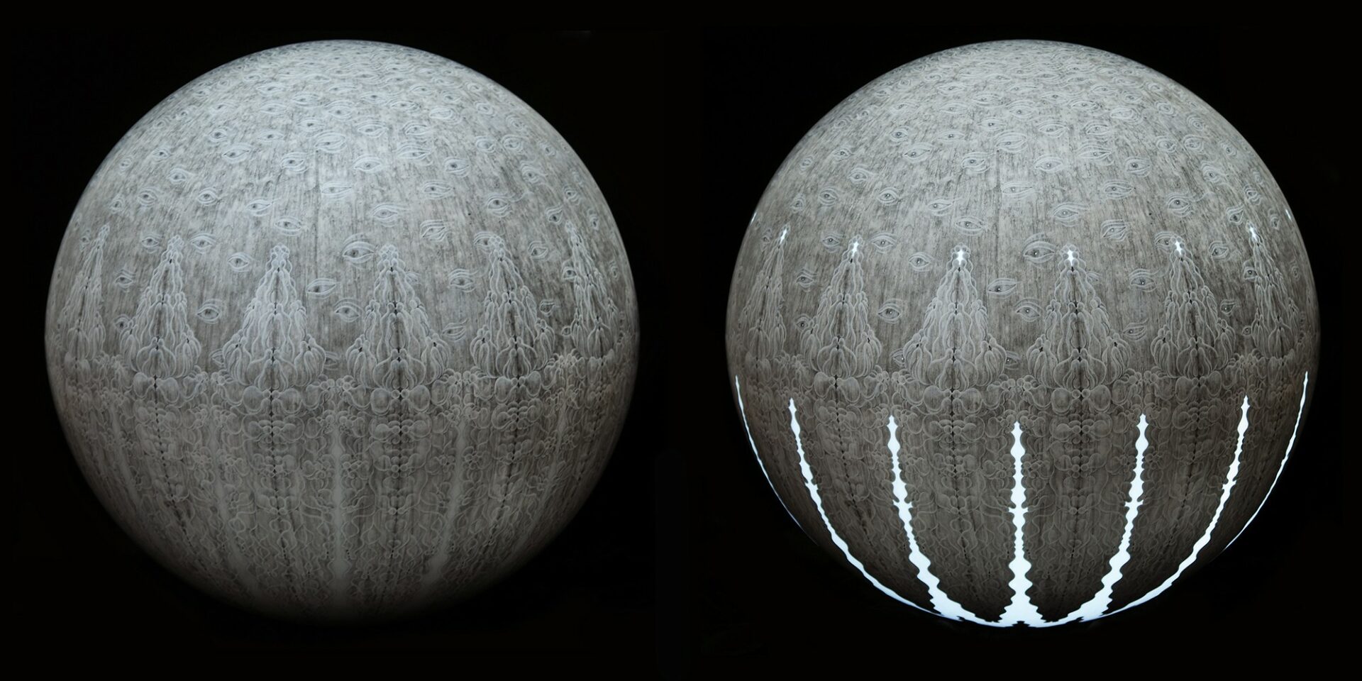 Two spherical objects with textured surface, one with vertical streaks at the bottom, against a black background.