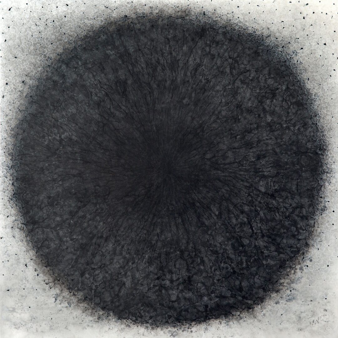 Circular black textured pattern with a gradient effect on a light background.